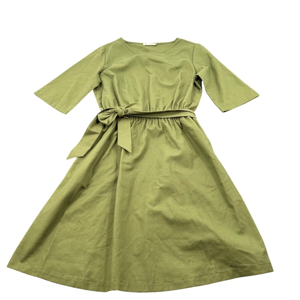 Hannah Canvas Linen Flare Dress Medium Belted Midi Olive Green Modern Casual - Picture 2 of 8